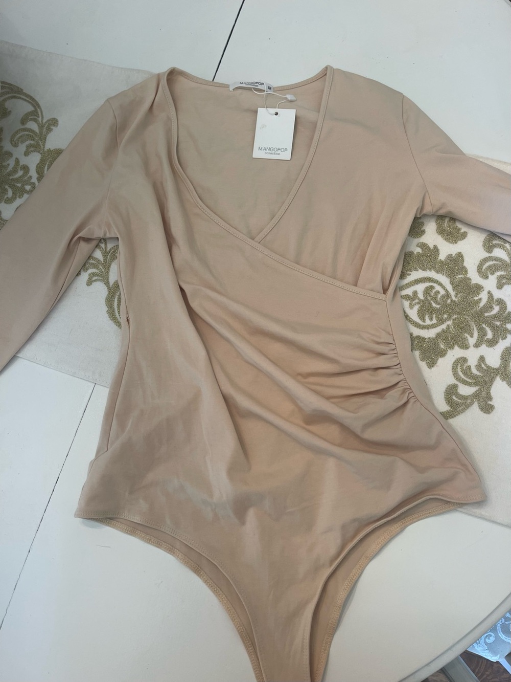Mango Nude Long Sleeve Wrap-Front Bodysuit